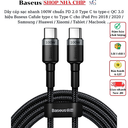 Dây cáp sạc nhanh 100W chuẩn PD 2.0 Type C to type-c QC 3.0 hiệu Baseus Cafule type c to Type C cho iPad Pro 2018 / 2020 / Samsung / Huawei / Xiaomi / Tablet / Macbook / Laptop Type C - Hàng nhập khẩu
