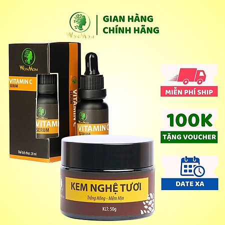 Bộ dưỡng trắng hồng, mịn màng da mặt Wonmom ( 1 serum vitamin C + 1 kem nghệ tươi )