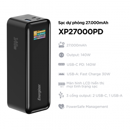 Sạc dự phòng Energizer PD140W 27,000mAh/3.6V Li-ion, hỗ trợ sạc cho Laptop, chống cháy nổ - Hàng chính hãng bảo hành 12 tháng