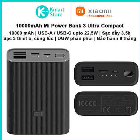 Pin sạc di động 10000mAh Mi Power Bank 3 Ultra Compact | 2*USB-A / 1*USB-C Upto 22.5W | BHR4412GL | Bảo hành 6 tháng | Hàng Chính Hãng