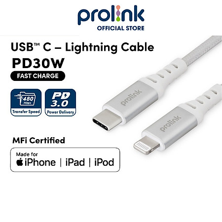 Dây sạc type C to L PROLiNK GCL_30_01 dài 1M, Sạc siêu nhanh 30W, Dành cho iPhone, iPad (MFi) - Hàng chính hãng