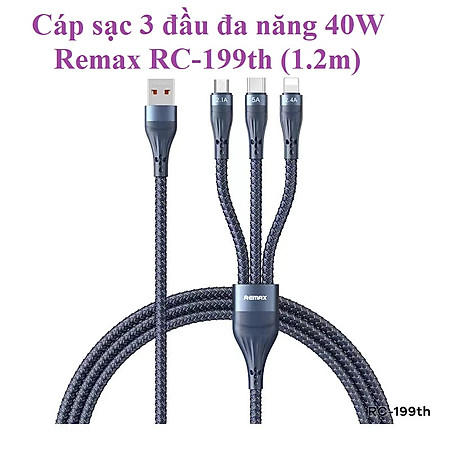 Cáp sạc 3 đầu đa năng 40W Remax RC199th (1.2m) - Hàng chính hãng