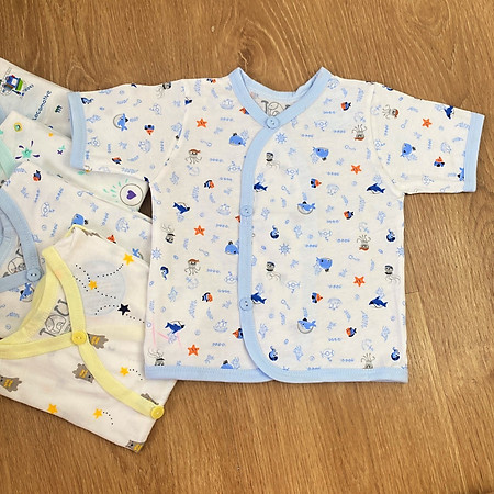COMBO 5 Áo sơ sinh cotton J-TomTom Baby | Mẫu Tay Ngắn Cài nút Xéo in họa tiết | Size 1 -3 cho bé sơ sinh - 9 kg | Chất vải thun cotton 100% xịn, đẹp