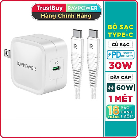 Bộ Củ Sạc Nhanh Type C 30W Cho iPhone 15, iP16, Cho SamSung RAVPower RP-PC120 Và Cáp Type C to C RP-CB047 - Hàng Chính Hãng