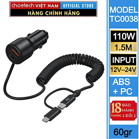 Tẩu sạc nhanh 2 cổng trên ô tô 110W Choetech TC0038 tích hợp cáp lò xo Type C kèm đầu nối IP dài 1.5M (Hàng chính hãng)