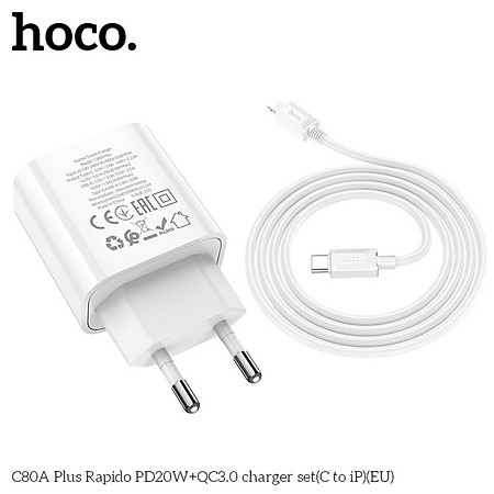 Bộ Sạc Nhanh Dành Cho Hoco. C80A Plus PD20W + QC3.0 Type-C To IP Dây Dài 1m Hàng Chính Hãng