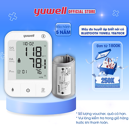 Máy đo huyết áp điện tử bắp tay chính hãng YUWELL YE670CR - Có chức năng Bluetooth - Pin sạc 300 lần đo - Bảo hành 5 năm.