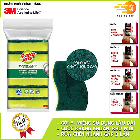 Gói 6 miếng rửa chén 2 mặt kháng khuẩn chống trầy Scotch-Brite 3M SB-MUTG6 - đa năng, 3 tác động làm sạch, độ bền cao, công nghệ độc quyền