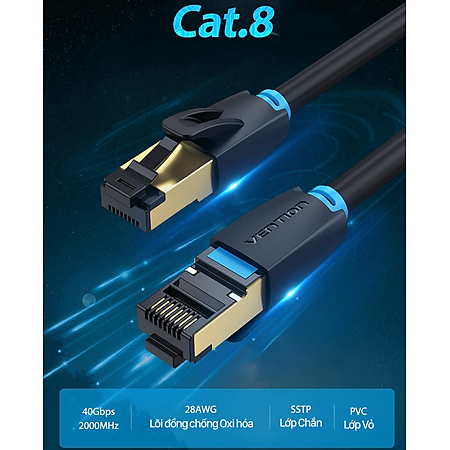 Dây cáp mạng hai đầu đúc sẵn CAT8 SSTP VENTION tròn, dài 1m đến 20m IKAB - Hàng chính hãng