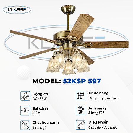 Quạt trần chùm đèn Klasse 52KSP 597 Hàng chính hãng