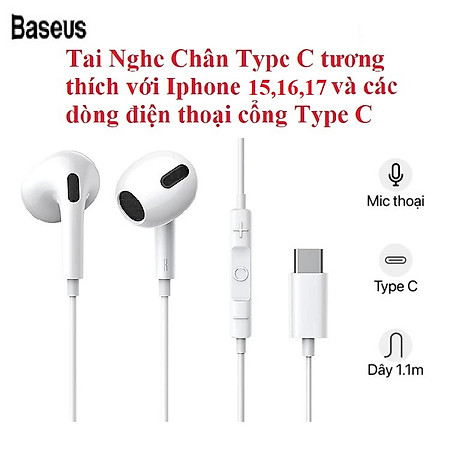 Tai Nghe Có Dây Chân Type C Cho Iphone 15 16 17 Baseus Encok C17 Cao Cấp Âm Thanh Hay - Hàng chính hãng