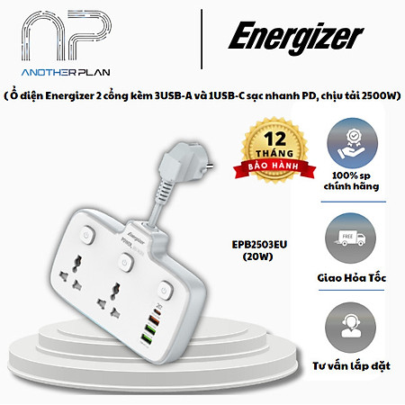 Ổ điện đa năng Energizer EPB2503EU 2 cổng kèm 3USB-A và 1USB-C sạc nhanh PD, chịu tải 2500W