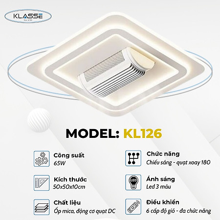 Quạt ốp trần mẫu mới không cánh quay 180 độ, ốp sát trần thế hệ mới, lắp cho phòng khách - phòng ngủ, hàng chính hãng Klasse KL126