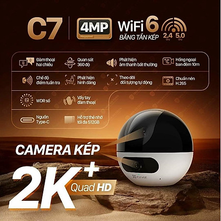 Camera Wifi Ezviz C7 2 Mắt 8M Quay Quét 360 độ, cảnh báo, phát hiện chuyển động, chống bụi, ban đêm có màu - hàng chính hãng