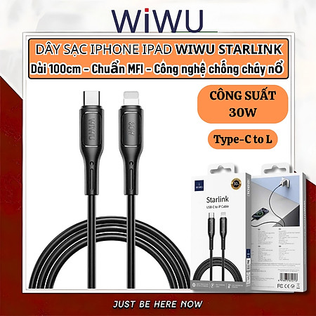 Dây cáp sạc nhanh 30W USB C to L cho iPhone / iPad Hiệu WIWU Starlink - Chuẩn sạc MFI, chống rối, đầu cáp siêu bền, công nghệ AI chống cháy nổ iP 7 8 X Xs Max 11 12 13 14 Pro Max Plus iPad Air Mini - Hàng nhập khẩu