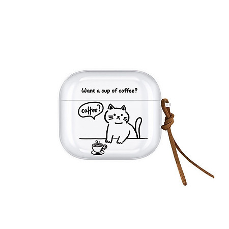 Case TPU dành cho Airpods 1,2/ Airpods Pro/ Airpods 3/Airpods Pro 2 Mèo Coffee Kèm Dây Da_ Hàng Chính Hãng