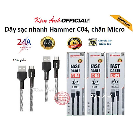 Dây sạc nhanh Ham mer C04 chân cắm Micro (V8) dòng điện 5v-2.4A, dây dù sạc nhanh hàng chính hãng, check Qr kiểm tra