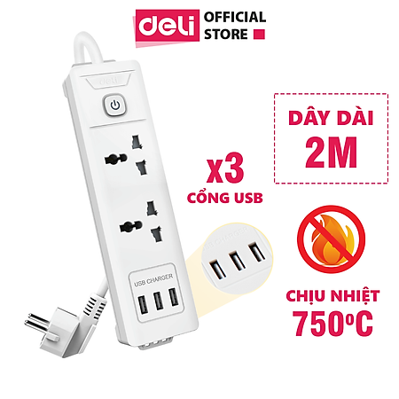 Ổ Cắm Điện Đa Năng Kèm Cổng USB Có Công Tắc Chống Giật Chống Cháy Chất Lượng Cao Deli - Hàng Chính Hãng - ET407 408