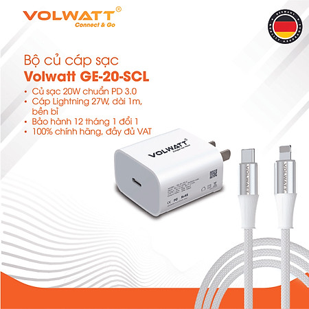Bộ củ cáp sạc nhanh Volwatt GE-20-SCL 20W hàng chính hãng | Adapter PD Type-C + Cáp Type-C to L 27W, dài 1m – Sạc nhanh cho iPhone/iPad