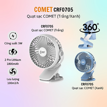 Quạt sạc mini | Quạt tích điện | Quạt kẹp nôi, xe đẩy thương hiệu Comet CRF0705 - Hàng chính hãng - BH 12 tháng - 15 ngày đổi mới