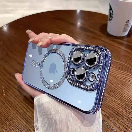 ốp lưng cho iphone 15 pro max / 14 promax đính đá kim tuyến có lens bảo vệ camera - hàng nhập khẩu chính hãng