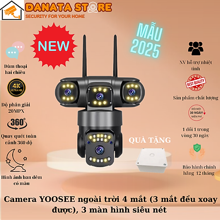 Camera YOOSEE WIFI ngoài trời 4 mắt 3 màn hình 20MPX tích hợp  LED siêu nét - Hàng nhập khẩu