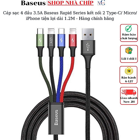 Cáp sạc 3.5A Baseus Rapid Series kết nối 2 Type-C/ Micro/ iPhone tiện lợi dài 1.2M - Hàng chính hãng