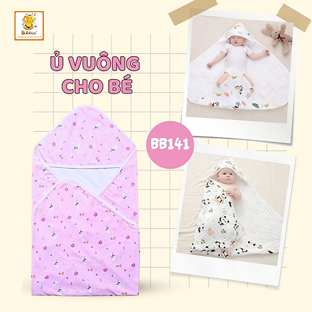 Khăn ủ sơ sinh cotton Babiboo có mũ trùm đầu họa tiết dễ thương cho bé