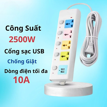 Ổ Cắm Điện Đa Năng Kết Hợp Ổ Cắm USB Chất Lượng Cao 4 Lỗ 3 Chấu Kéo Dài 1.8m Có Công Tắc Tải 2500W Nắp Chống Giật Chống Cháy Tiện Dụng An Toàn Chống Cháy Nổ