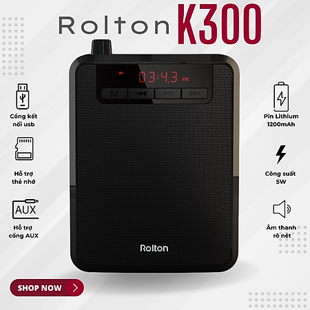 Loa trợ giảng ROLTON K300 – Công suất 5-10W, Tần số 50Hz – 17KHz, Kết nối đa dạng USB Thẻ nhớ gắn ngoài AUX, Pin Lithium 1200mAh 8-10 tiếng sử dụng, Âm thanh chuyên nghiệp, Thiết kế nhỏ gọn, Micro đeo tai, Giảng dạy, Hướng dẫn viên - Hàng nhập khẩu