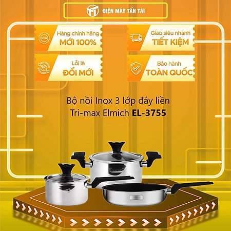 Bộ nồi chảo inox 3 lớp đáy liền cao cấp Elmich Trimax XP (Quánh 16, nồi 20, chảo 24cm)