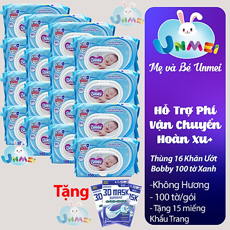 Combo Tiết Kiệm: Thùng 16 Gói Khăn Ướt Bobby Care Không Hương 100 Miếng/Gói tặng 15 khẩu trang Unicharm Nhật Bản