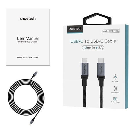 Cáp sạc Choetech XCC-100 nhanh và truyền dữ liệu Type C to Type C 60W - Hàng chính hãng