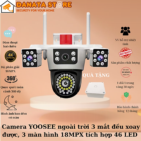 Camera YOOSEE ngoài trời 4 mắt (xoay được 3 mắt), 3 màn hình độ phân giải 18MPX tích hợp 46 LED siêu nét - Hàng nhập khẩu