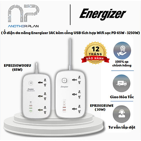 Ổ điện đa năng Energizer 3AC  kèm cổng USB tích hợp Wifi sạc PD 65W chịu tải 3250W