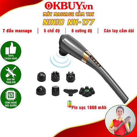 Máy massage cầm tay thư giãn toàn thân Nikio NK-177 - Pin sạc - 7 đầu massage