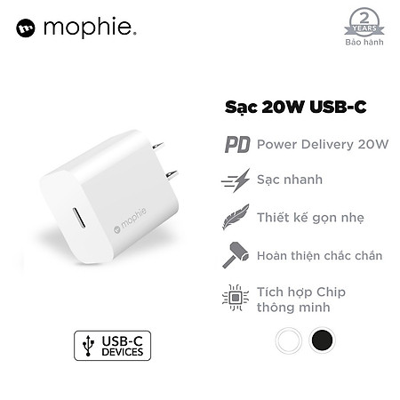 Adapter Sạc Type C PD 20W Mophie Trắng - Hàng chính hãng