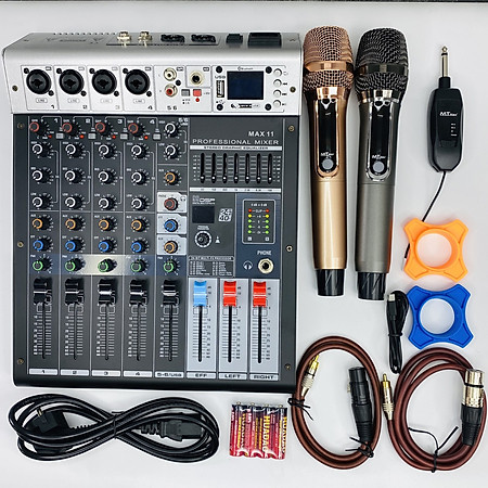 Combo Bàn Trộn Âm Thanh Max11 Micro AK96 - Nâng Cấp Âm Thanh, 99 Hiệu ứng Vang, Tích hợp nguồn 48V, Mic hợp kim sang xịn Hàng Chính Hãng