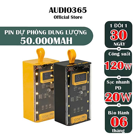 Sạc Dự Phòng 50.000MAH Trong Suốt kèm cáp sạc nhanh 4 đầu, tích hợp 4 cáp sạc, làm đèn ngủ - FTAKY Hàng Nhập Khẩu
