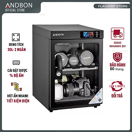 Tủ chống ẩm máy ảnh  30 Lít nhập khẩu Andbon, Tủ hút ẩm 30L., 2 ngăn, màn lLCD  cài đặt % độ ẩm, tiết kiệm điện - Hàng Chính hãng
