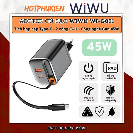 Adapter cóc củ sạc nhanh 45W PD USB C + USB-A 3.0 kèm dây sạc Type-C PPS chống cháy hiệu WIWU Helix Fast Charger cho iPhone iPad Oppo Samsung - Hàng nhập khẩu