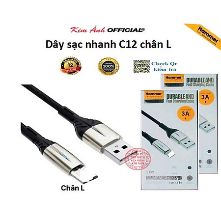 Dây sạc nhanh 3A Hiệu Ham mer ( H-C12-I ), Chân L  Có đèn báo, Hàng chính hãng bảo hành 12 tháng