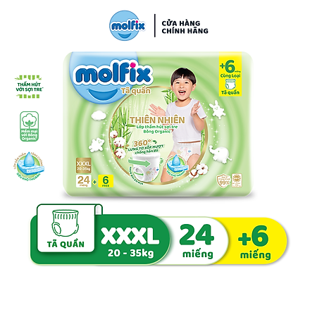 Tã/bỉm quần Molfix Thiên nhiên Jumbo XXXL (20kg - 35kg) - Gói 24+6 miếng