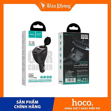 Tẩu Sạc trên Xe Hơi Ô tô HOCO Z34 Sạc Nhanh 3.0A hàng chính hãng