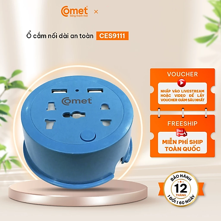 Ổ cắm điện du lịch Comet CES9111 MÀU XANH dây dài 1m, 2 ổ USB, 1 ổ 3 chấu, 1 ổ 2 chấu - Hàng chính hãng