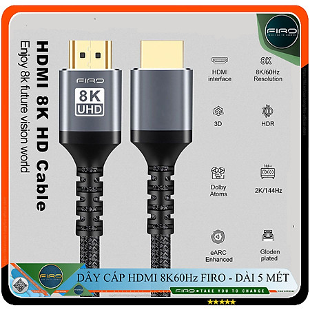 Cáp HDMI 2.1 8K 60Hz/48Gbps - Dây HDMI FIRO ATMOS Dài 5 Mét - Dây Cáp HDMI 2.1 8K/60Hz/48Gbps - 4K/120Hz - 2K/144Hz - Dài 5 Mét Lõi Dù Dùng Cho Tivi/ Laptop/ Máy Tính/ Playstation - Hàng Chính Hãng
