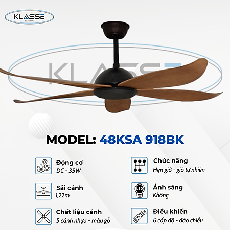 Quạt trần không đèn Klasse 48KSA 918BK hàng chính hãng