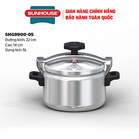 Nồi áp suất Sunhouse SHG9900-04, SHG9900-05, SHG9900-06, Dung tích 4L, 5L, 6L, Chất liệu nhôm nguyên chất bền bỉ, Sử dụng trên bếp gas và bếp hồng ngoại, không dùng được bếp từ - Hàng chính hãng