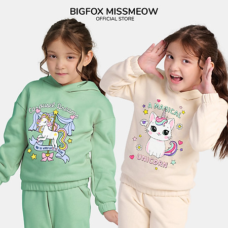 Áo nỉ bé gái Bigfox Miss Meow size đại, áo nỉ bông cho bé gái thu đông ấm áp hình in xinh xắn size trẻ em 3,4…10,11 tuổi