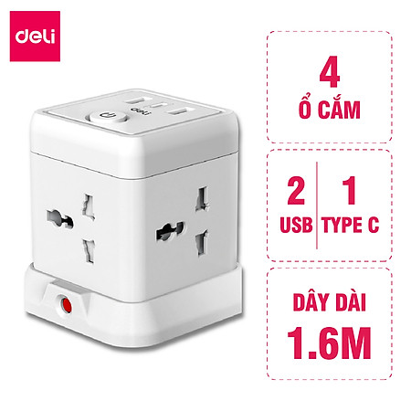 Ổ cắm điện đa năng Deli Công Suất 2500W - Tích Hợp Ổ USB & Type C Thiết Kế Cầu Chì Tự Ngắt Khi Quá Tải, Nắp Chống Giật